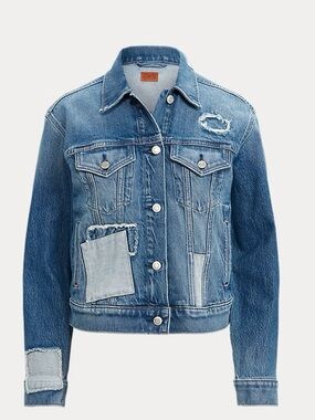 RALPH LAUREN Womens Patchwork Big Logo Denim Jacket Blue XXS Crop Distressed